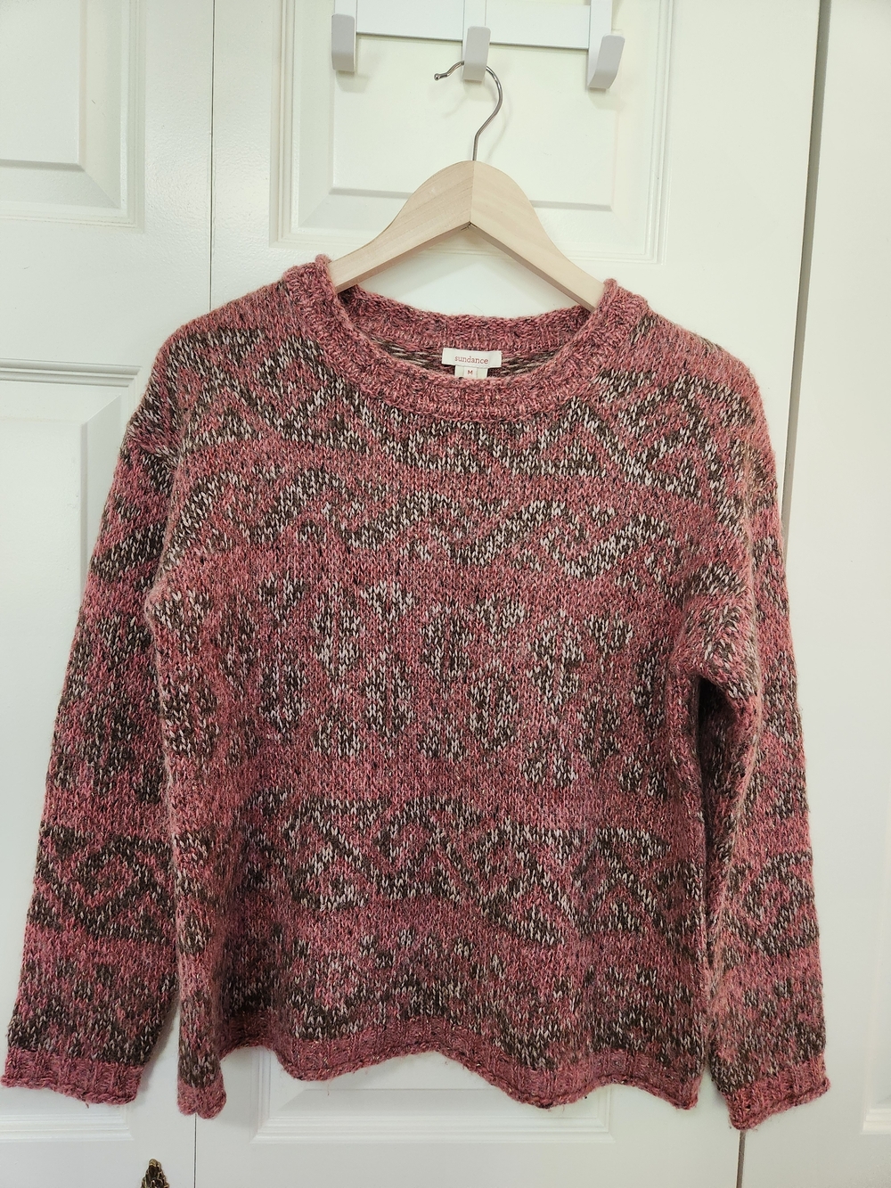 Sundance Marled Rose and Charcoal Patterned Crewneck Sweater Mohair Wool Blend